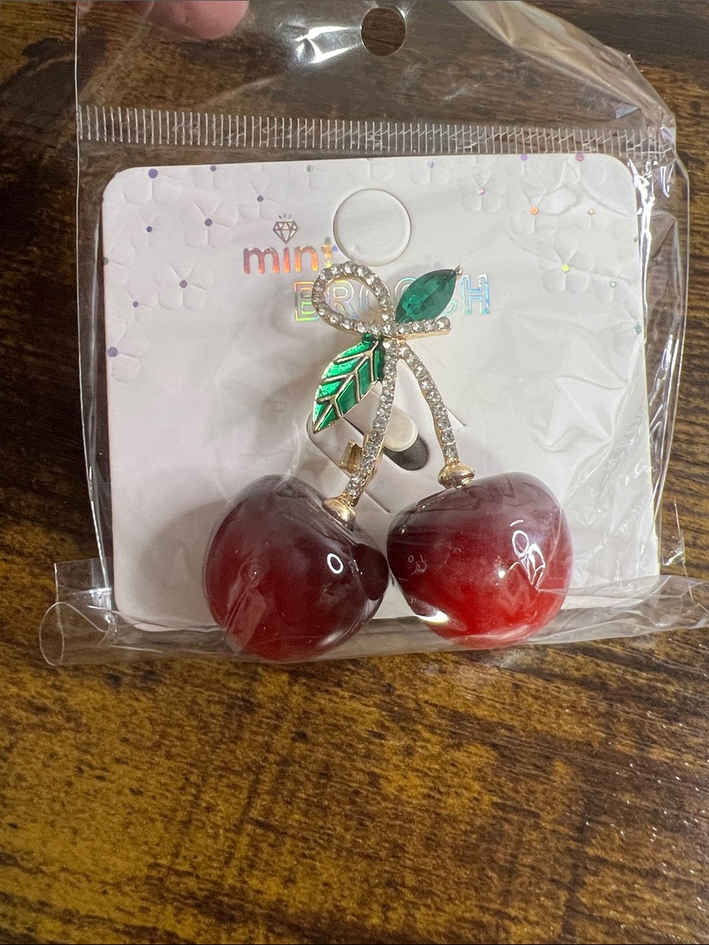 Mini Bling Cherry Drop brooch - Red & Green